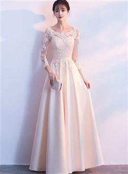 Picture of Champagne Satin with Lace Long Sleeves Prom Dresses Evening Dresses, A-line Simple Bridesmaid Dress
